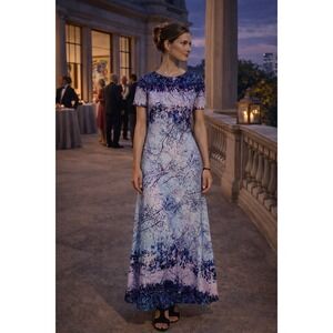 BCBG MAX AZRIA Alena Gown M Abstract Landscape Blue Purple Maxi Dress Art